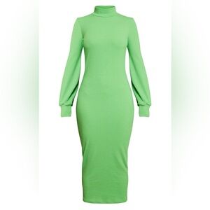 PLT Bright Green Ribbed High Neck Midi Dress